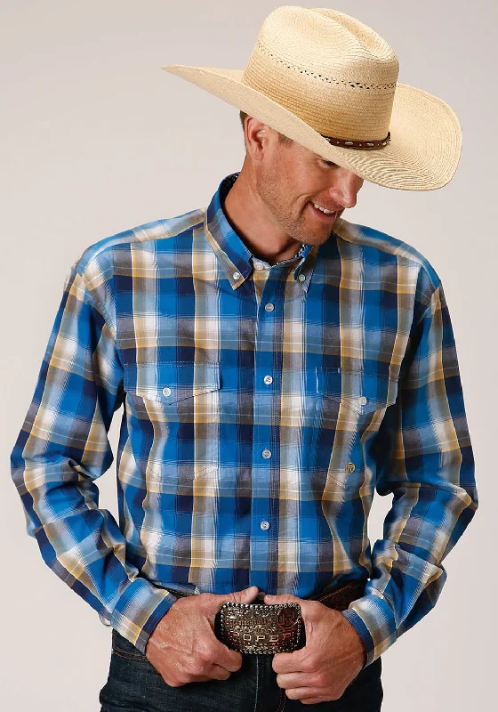 Plus Size Men's Striped Chambray Casual Shirts with a Spread Collar for a Preppy AppearanceRoper Mens Clear Sky Plaid Blue 100% Cotton L/S Shirt Plus Size Men's Striped Chambray Casual Shirts with a Spread Collar for a Preppy AppearanceRoper Mens Clear Sky Plaid Blue 100% Cotton L/S Shirt