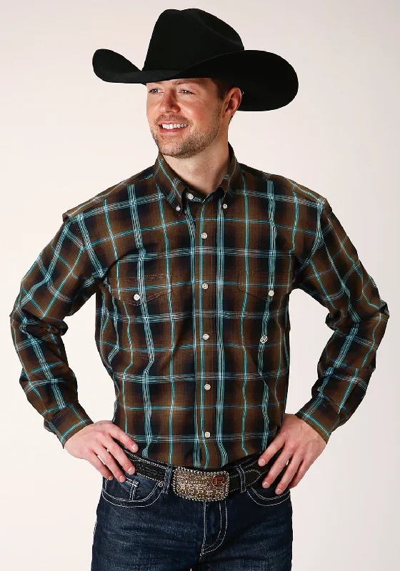 Men's Stretch - Fabric Casual Shirts in Navy Blue for a Comfortable and Flexible FitRoper Mens Dark Chocolate 100% Cotton Plaid BD L/S Button Shirt
