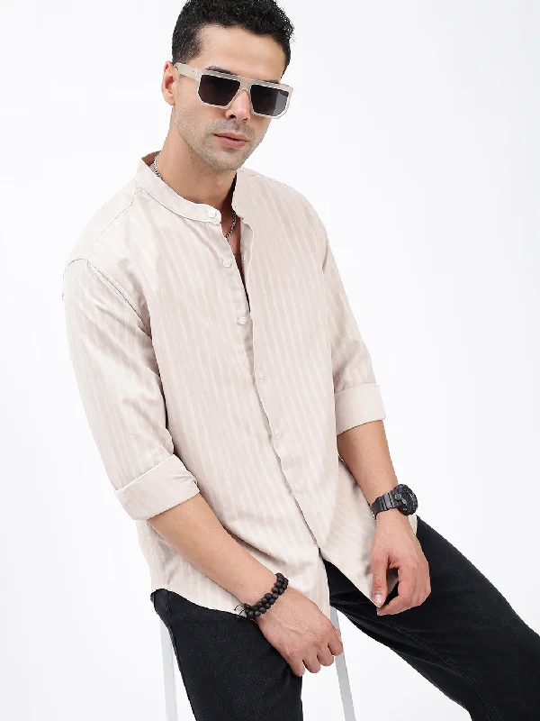 Men's Linen Blend Casual Shirts with Roll - Up Sleeves for a Summer Beach LookMen Striped Cream Slim Fit Shirt Men's Linen Blend Casual Shirts with Roll - Up Sleeves for a Summer Beach LookMen Striped Cream Slim Fit Shirt