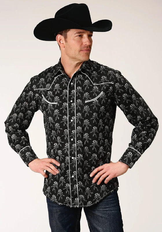 Men's Two - Tone Contrast Panel Casual Shirts in White and Navy for a Stylish and Eye - Catching DesignRoper Mens Black/Cream Cotton Blend Floral L/S Shirt Men's Two - Tone Contrast Panel Casual Shirts in White and Navy for a Stylish and Eye - Catching DesignRoper Mens Black/Cream Cotton Blend Floral L/S Shirt