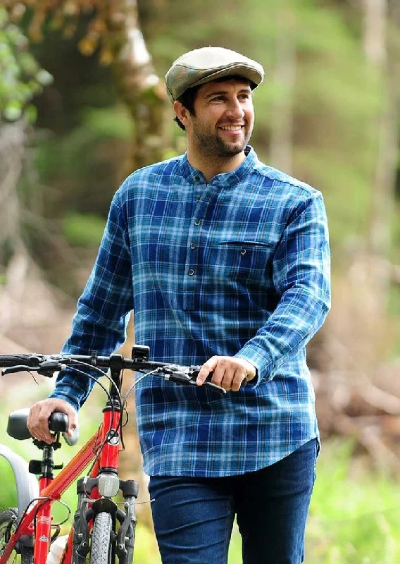 Men's Linen Blend Casual Shirts with Roll - Up Sleeves for a Summer Beach LookMen's Flannel Grandfather Shirt | Blue Navy Tartan Men's Linen Blend Casual Shirts with Roll - Up Sleeves for a Summer Beach LookMen's Flannel Grandfather Shirt | Blue Navy Tartan
