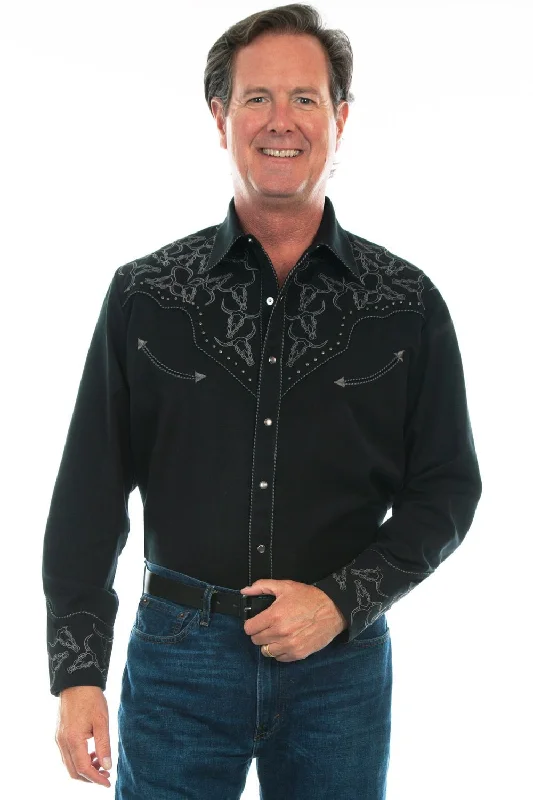 Men's Wrinkle - Resistant Polyester Blend Casual Shirts for Easy Travel and MaintenanceScully Mens Black Polyester Longhorn Heads L/S Shirt Men's Wrinkle - Resistant Polyester Blend Casual Shirts for Easy Travel and MaintenanceScully Mens Black Polyester Longhorn Heads L/S Shirt