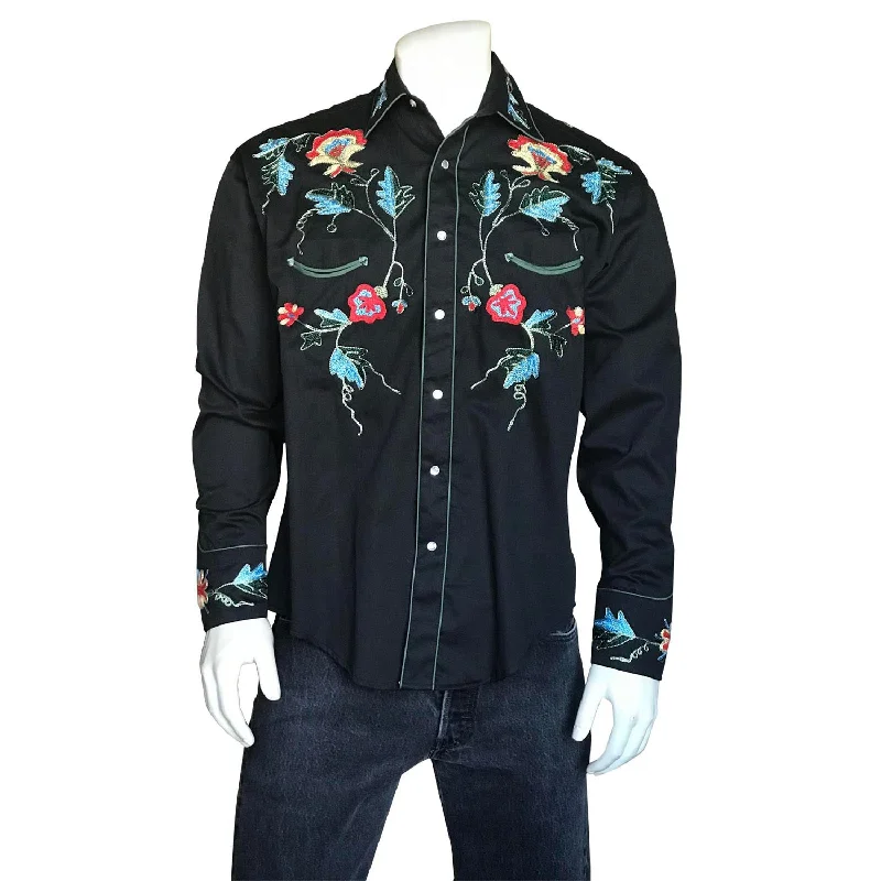 Men's Sustainable Recycled Material Casual Shirts for Eco - Conscious ConsumersRockmount Mens Black 100% Cotton Floral Embroidery L/S Shirt Men's Sustainable Recycled Material Casual Shirts for Eco - Conscious ConsumersRockmount Mens Black 100% Cotton Floral Embroidery L/S Shirt
