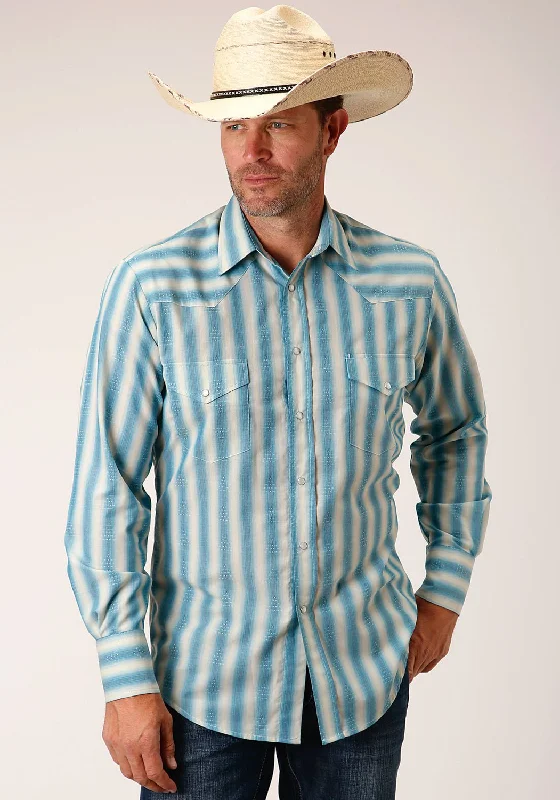 Men's Wrinkle - Resistant Polyester Blend Casual Shirts for Easy Travel and MaintenanceRoper Mens 55/45 Ombre Stripe Aqua/Cream Cotton Blend L/S Shirt Men's Wrinkle - Resistant Polyester Blend Casual Shirts for Easy Travel and MaintenanceRoper Mens 55/45 Ombre Stripe Aqua/Cream Cotton Blend L/S Shirt