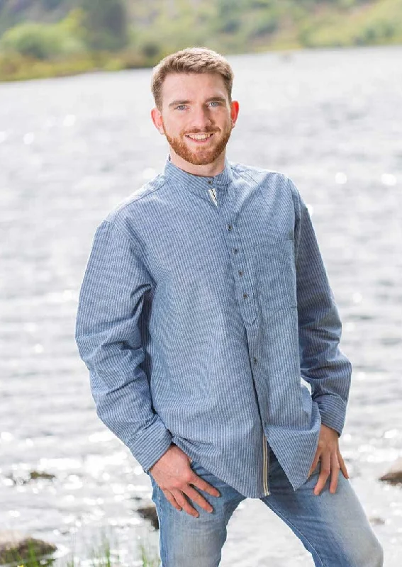 Men's Long - Line Oversized Casual Shirts in Dark Gray for a Relaxed and Modern LookVintage Cotton Grandfather Shirt | Pin Stripe Blue Men's Long - Line Oversized Casual Shirts in Dark Gray for a Relaxed and Modern LookVintage Cotton Grandfather Shirt | Pin Stripe Blue