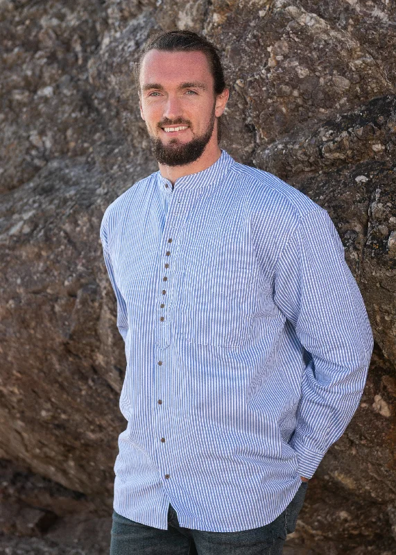 Men's Organic Cotton Casual Shirts with a Soft Handfeel for Everyday ComfortCivilian Grandfather Shirt | Blue Stripe Men's Organic Cotton Casual Shirts with a Soft Handfeel for Everyday ComfortCivilian Grandfather Shirt | Blue Stripe