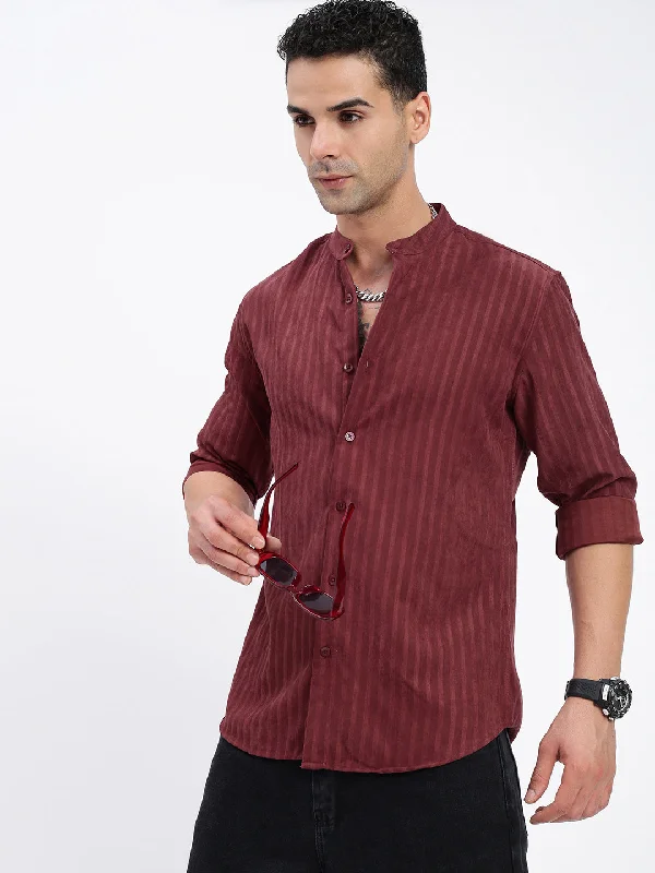 Men's Wrinkle - Resistant Polyester Blend Casual Shirts for Easy Travel and MaintenanceMen Striped Maroon Slim Fit Shirt Men's Wrinkle - Resistant Polyester Blend Casual Shirts for Easy Travel and MaintenanceMen Striped Maroon Slim Fit Shirt