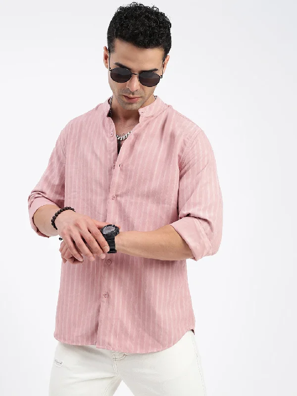 Men's Retro - Style Hawaiian Print Casual Shirts in Bold Patterns for a Tropical VacationMen Striped Peach Slim Fit Shirt Men's Retro - Style Hawaiian Print Casual Shirts in Bold Patterns for a Tropical VacationMen Striped Peach Slim Fit Shirt