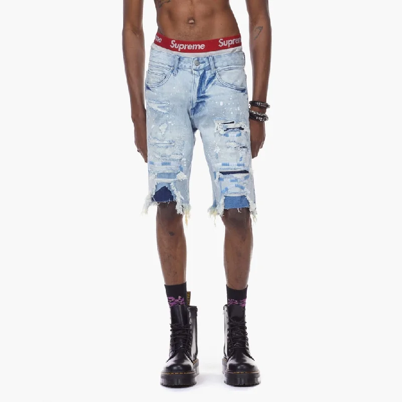 Men's ripped denim shorts for a trendy streetwear aestheticBleunoir Heavy Embroidery Jean Shorts - Mulberry Blue