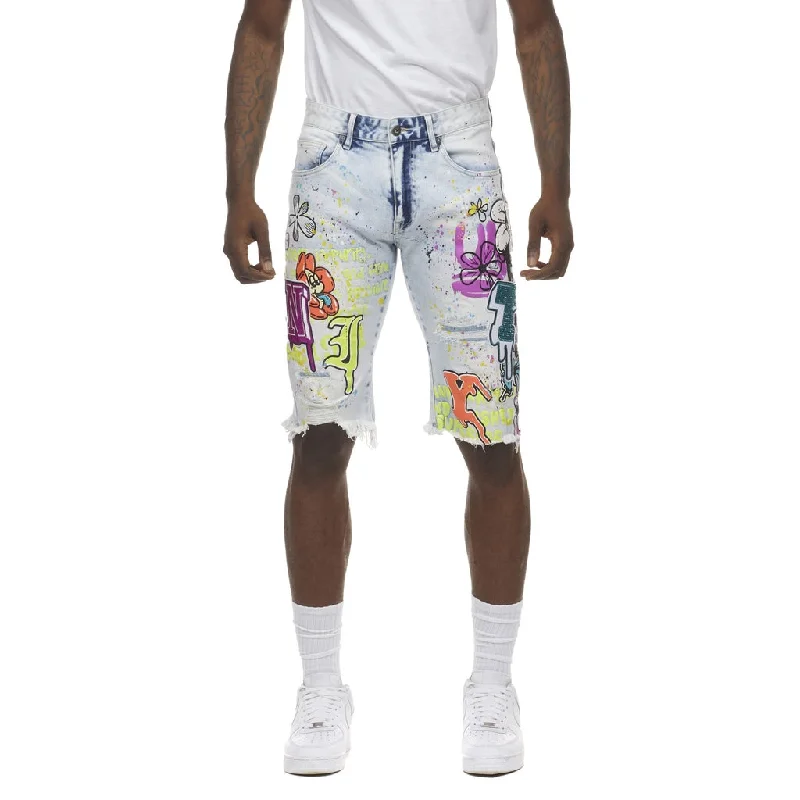 Men's button - fly denim work shorts for durability on the jobDaisy Graffiti Jean Shorts - Plaster Blue Men's button - fly denim work shorts for durability on the jobDaisy Graffiti Jean Shorts - Plaster Blue