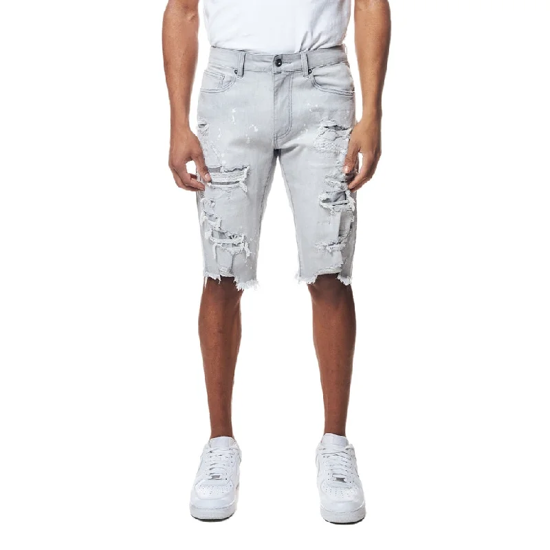 Men's ripped denim shorts for a trendy streetwear aestheticDistressed Rip & Repair Jean Shorts - Light Grey