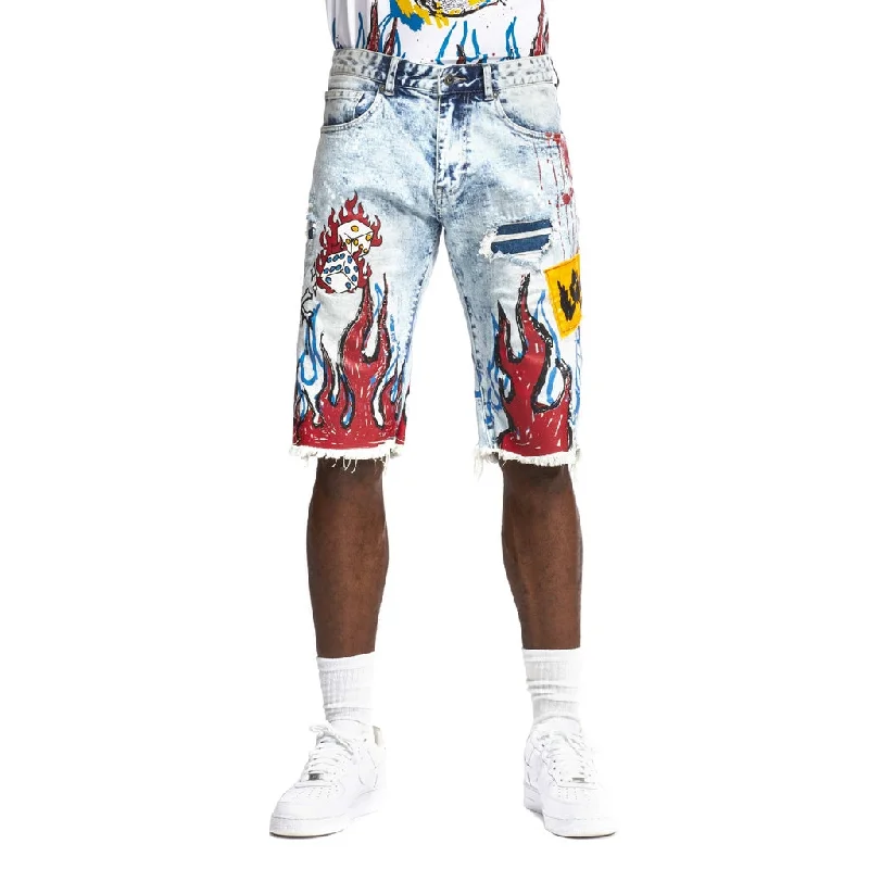 Men's flat - front chino shorts for semi - formal summer eventsFlame Graphic Jean Shorts Angel Blue Men's flat - front chino shorts for semi - formal summer eventsFlame Graphic Jean Shorts Angel Blue
