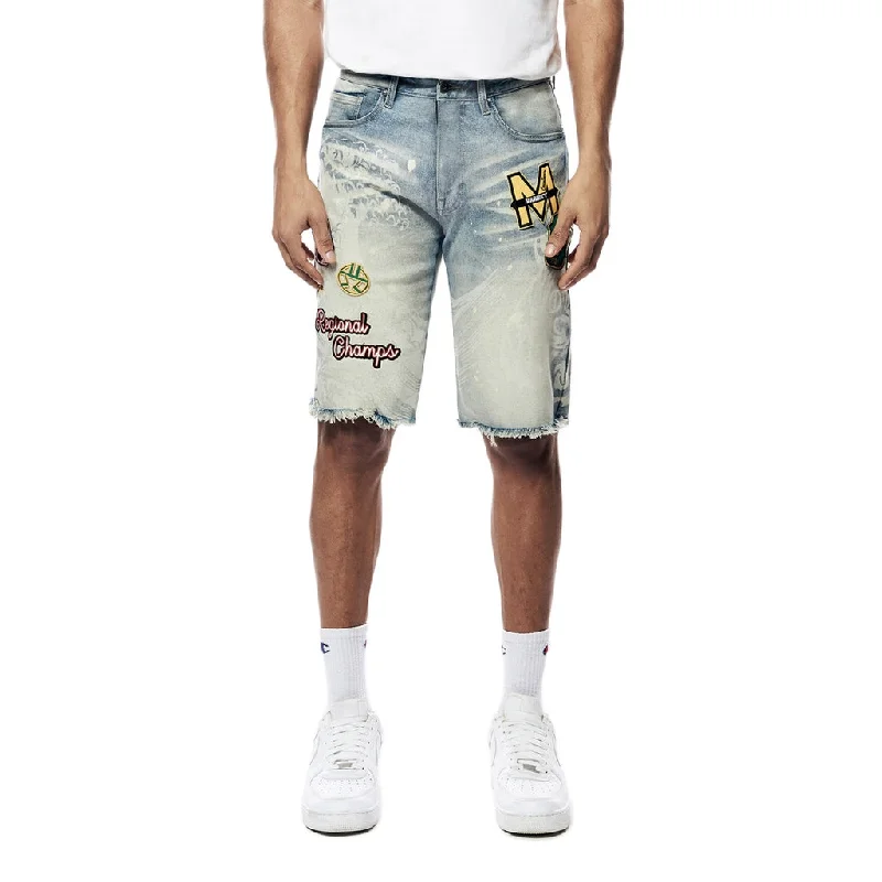 Men's camo print cargo shorts for outdoor adventuresLaser Printed Varsity Jean Shorts - Vanilla Blue