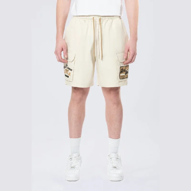 Men's elastic waistband lounge shorts for lazy weekends at homePitstop Cargo Twill Lounge Shorts - Ecru Men's elastic waistband lounge shorts for lazy weekends at homePitstop Cargo Twill Lounge Shorts - Ecru