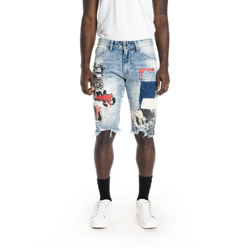 Men's distressed cotton shorts for a bohemian - inspired styleTwill Applique Fashion Jean Shorts - Canal Blue Men's distressed cotton shorts for a bohemian - inspired styleTwill Applique Fashion Jean Shorts - Canal Blue