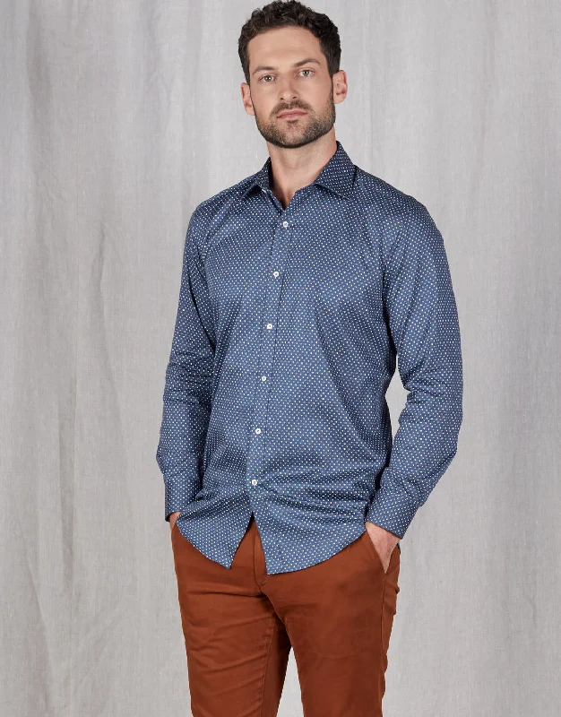 Men's Stretch - Fabric Casual Shirts in Navy Blue for a Comfortable and Flexible FitBanks Blue, Orange & White Dot Print Shirt Men's Stretch - Fabric Casual Shirts in Navy Blue for a Comfortable and Flexible FitBanks Blue, Orange & White Dot Print Shirt