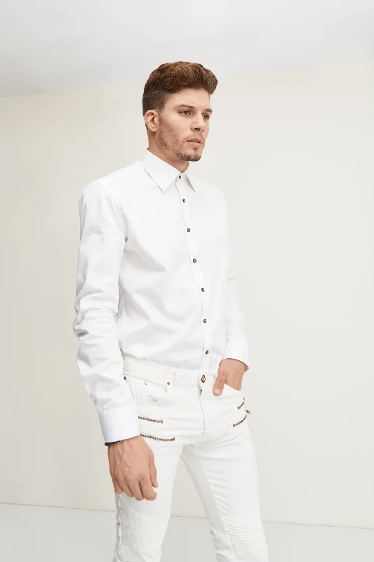 Plus Size Men's Wrinkle - Resistant Polyester Dress Shirts in Black for Easy Travel and MaintenancePure Cotton Contrast Button Dress Shirt - White Light Blue Accents Plus Size Men's Wrinkle - Resistant Polyester Dress Shirts in Black for Easy Travel and MaintenancePure Cotton Contrast Button Dress Shirt - White Light Blue Accents