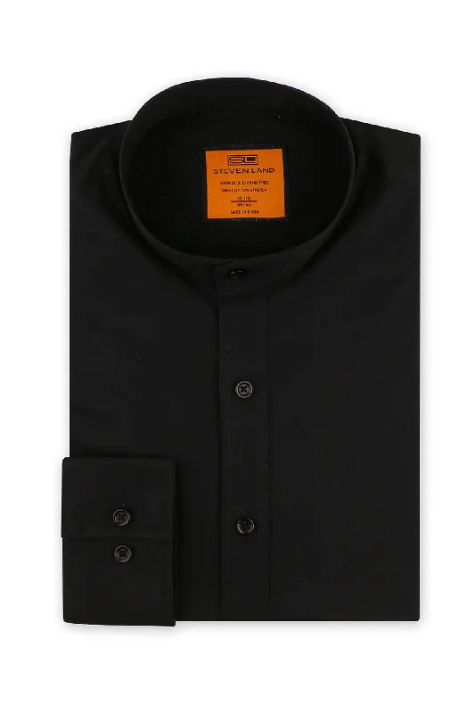 Men's Stretch Fabric Dress Shirts in Tan for a Comfortable and Flexible Fit All Day LongSteven Land Poplin Dress Shirt | Banded Collar and Button Cuff | 100% Cotton | Color Black Men's Stretch Fabric Dress Shirts in Tan for a Comfortable and Flexible Fit All Day LongSteven Land Poplin Dress Shirt | Banded Collar and Button Cuff | 100% Cotton | Color Black