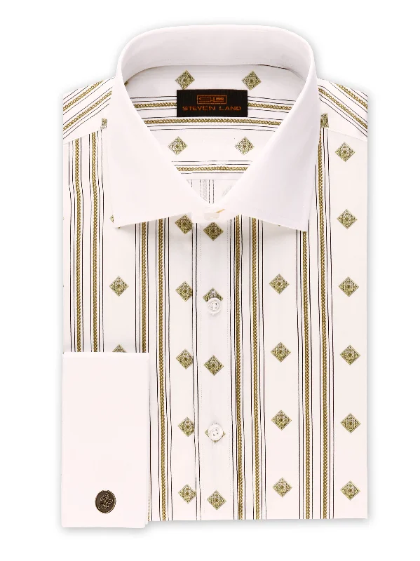 Men's French Cuff Dress Shirts in Charcoal Grey with Mother - of - Pearl Buttons for a Formal OccasionSteven Land | Roman Chains Dress Shirt + Cufflink | White Men's French Cuff Dress Shirts in Charcoal Grey with Mother - of - Pearl Buttons for a Formal OccasionSteven Land | Roman Chains Dress Shirt + Cufflink | White