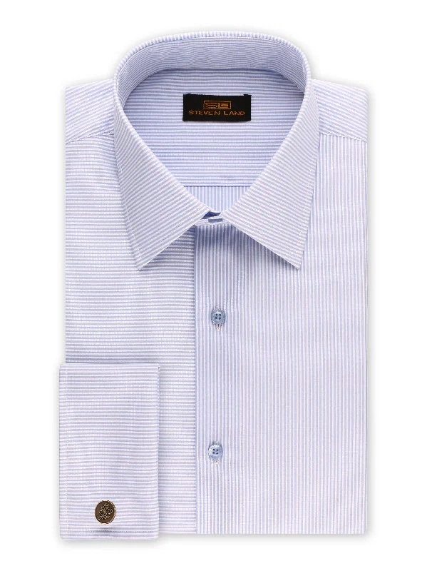 Men's Stretch Fabric Dress Shirts in Tan for a Comfortable and Flexible Fit All Day LongSteven Land | Unique Split Stripes Dress Shirt + Cufflink | Blue Men's Stretch Fabric Dress Shirts in Tan for a Comfortable and Flexible Fit All Day LongSteven Land | Unique Split Stripes Dress Shirt + Cufflink | Blue