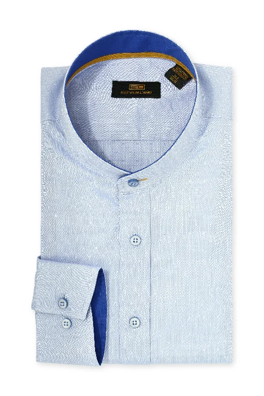Men's Cotton Poplin Dress Shirts in Royal Blue with a Box Pleat at the Back for Added ComfortSteven Land | Banded Collar Textured Stretch Dress Shirt in Blue Color Men's Cotton Poplin Dress Shirts in Royal Blue with a Box Pleat at the Back for Added ComfortSteven Land | Banded Collar Textured Stretch Dress Shirt in Blue Color