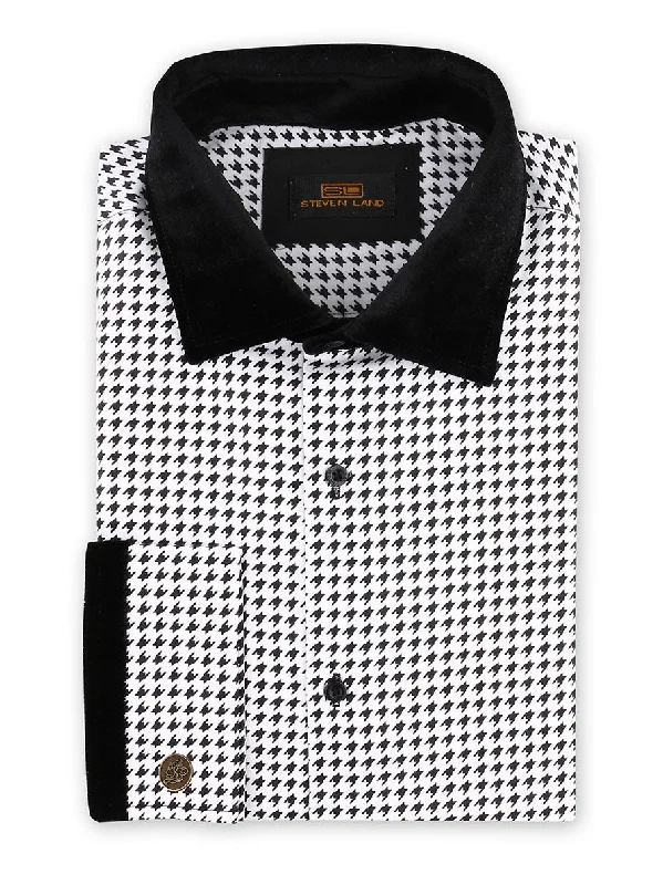 Men's Stretch Fabric Dress Shirts in Tan for a Comfortable and Flexible Fit All Day LongSteven Land | Houndstooth Velvet Dress Shirt + Bow Tie | White King Men's Stretch Fabric Dress Shirts in Tan for a Comfortable and Flexible Fit All Day LongSteven Land | Houndstooth Velvet Dress Shirt + Bow Tie | White King