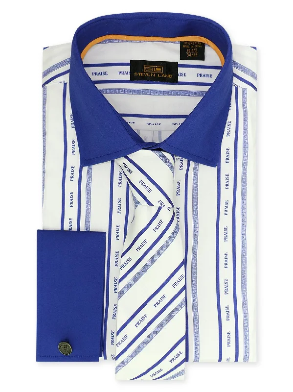 Men's Button - Down Collar Dress Shirts in Creamy Ivory for a Semi - Formal EventSteven Land | Praise Stripe Cotton Dress Shirt With Matching Mask, Tie, Hanky and Cufflink | Royal Men's Button - Down Collar Dress Shirts in Creamy Ivory for a Semi - Formal EventSteven Land | Praise Stripe Cotton Dress Shirt With Matching Mask, Tie, Hanky and Cufflink | Royal