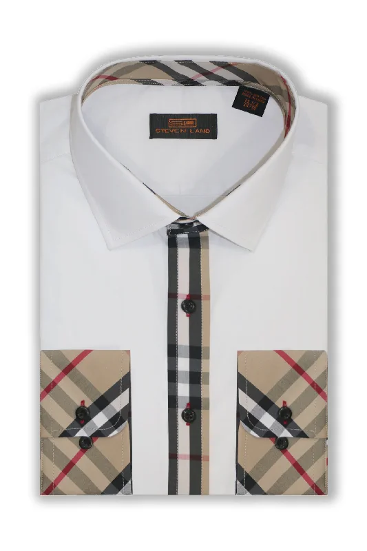Plus Size Men's Striped Dress Shirts in Navy and White for a Nautical - Inspired StyleSteven Land | Tartan Ⅱ | DS262 | Khaki Plus Size Men's Striped Dress Shirts in Navy and White for a Nautical - Inspired StyleSteven Land | Tartan Ⅱ | DS262 | Khaki