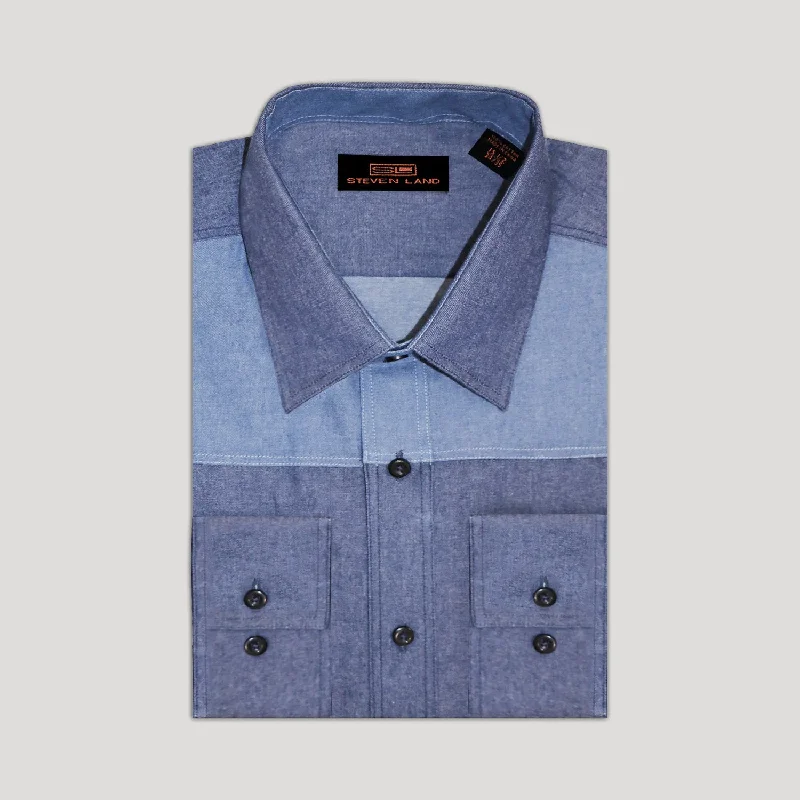 Plus Size Men's Paisley Print Dress Shirts in Burgundy for a Traditional and Elegant LookSteven Land | Leon | Two Tone Denim Dress Shirt | DS276 Plus Size Men's Paisley Print Dress Shirts in Burgundy for a Traditional and Elegant LookSteven Land | Leon | Two Tone Denim Dress Shirt | DS276