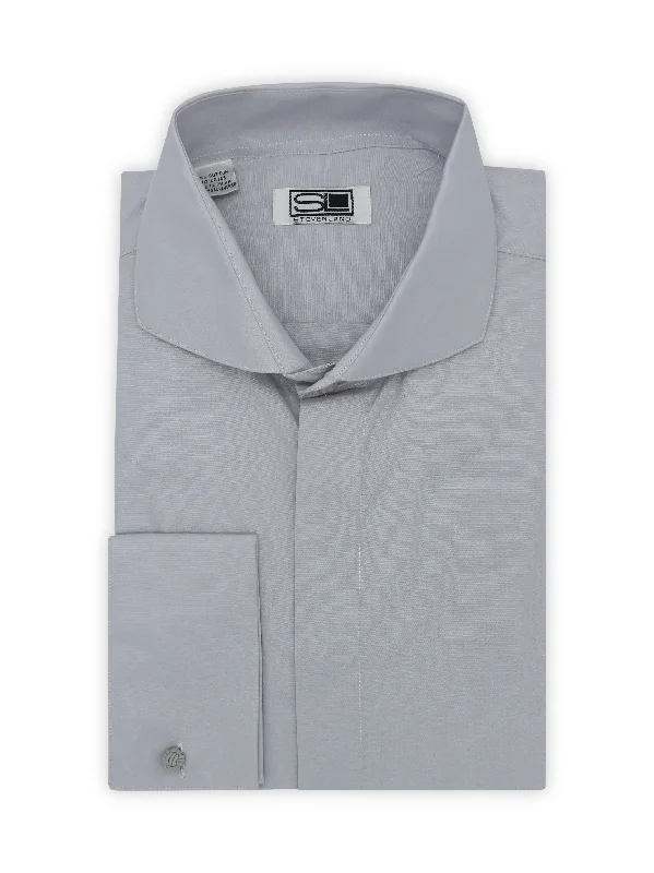 Men's Easy - Care Dress Shirts in Light Grey with a Self - Stripe Pattern for a Refined LookPoplin Dress Shirt Hidden Placket 100% Cotton | Cutaway collar | French Cuff | Color Silver Men's Easy - Care Dress Shirts in Light Grey with a Self - Stripe Pattern for a Refined LookPoplin Dress Shirt Hidden Placket 100% Cotton | Cutaway collar | French Cuff | Color Silver
