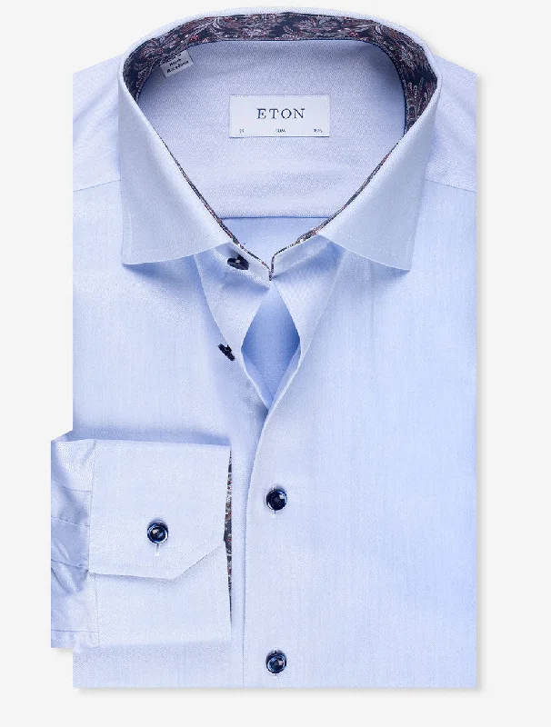 Men's Graphic - Printed Casual Shirts with Pop - Culture References for a Fun and Stylish LookBlue Inlay and Contrast Button Slim Shirt Men's Graphic - Printed Casual Shirts with Pop - Culture References for a Fun and Stylish LookBlue Inlay and Contrast Button Slim Shirt