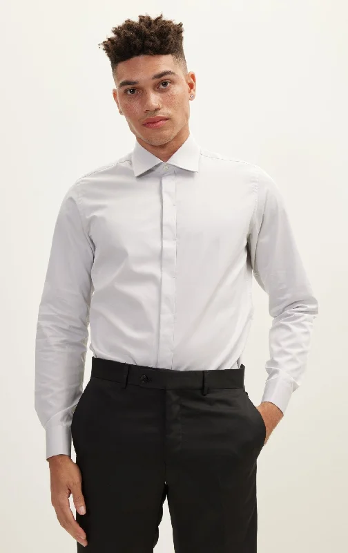 Men's Semi - Fitted Dress Shirts in Emerald Green with Mitered Cuffs for a Polished AppearancePure Cotton Hidden Placket Dress Shirt - Grey Men's Semi - Fitted Dress Shirts in Emerald Green with Mitered Cuffs for a Polished AppearancePure Cotton Hidden Placket Dress Shirt - Grey