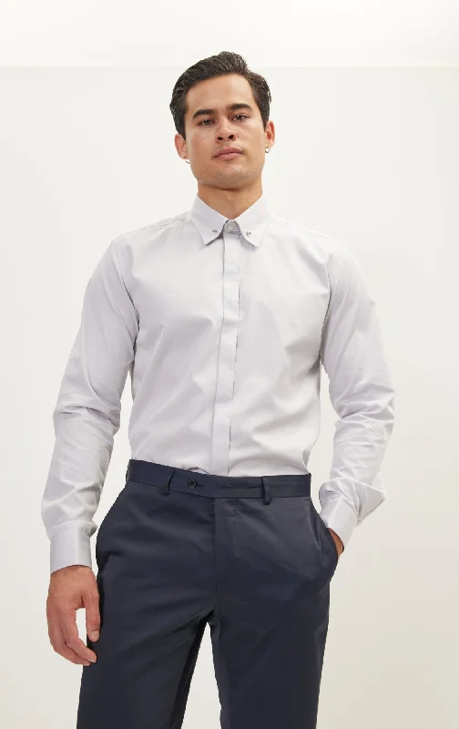 Men's Soft - Touch Modal Blend Dress Shirts in Mustard Yellow for a Bold Fashion StatementCollar Pin Hidden Placket Dress Shirt - Grey Men's Soft - Touch Modal Blend Dress Shirts in Mustard Yellow for a Bold Fashion StatementCollar Pin Hidden Placket Dress Shirt - Grey