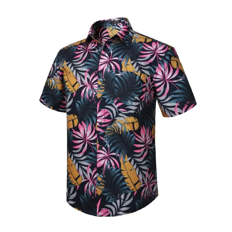 Men's Cotton Poplin Dress Shirts in Royal Blue with a Box Pleat at the Back for Added ComfortFunky Hawaiian Shirts with Pocket - 15-BLACK\LEAVES
