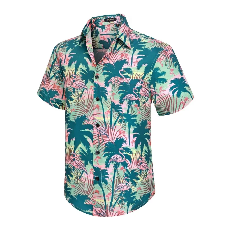 Men's Silk - Finished Dress Shirts in Silver Grey for a Glamorous Evening LookFunky Hawaiian Shirts with Pocket - 22-GREEN/FLAMINGO