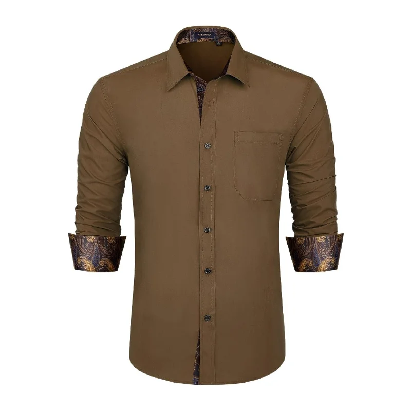 Men's Button - Down Collar Dress Shirts in Creamy Ivory for a Semi - Formal EventMen's Patchwork Dress Shirt with Pocket - DARK BROWN/PAISLEY Men's Button - Down Collar Dress Shirts in Creamy Ivory for a Semi - Formal EventMen's Patchwork Dress Shirt with Pocket - DARK BROWN/PAISLEY