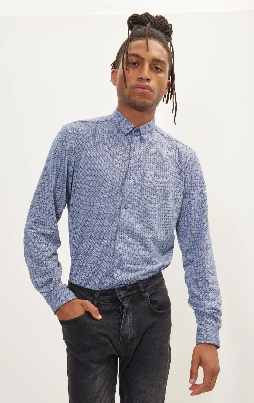 Men's Cotton Poplin Dress Shirts in Royal Blue with a Box Pleat at the Back for Added ComfortPure Cotton Knit Travel Shirt - Navy White Jacquard