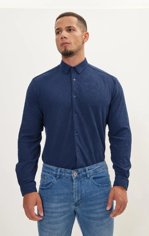 Men's Silk - Finished Dress Shirts in Silver Grey for a Glamorous Evening LookPure Cotton Knit Travel Shirt - Waffle Jacquard Navy Men's Silk - Finished Dress Shirts in Silver Grey for a Glamorous Evening LookPure Cotton Knit Travel Shirt - Waffle Jacquard Navy