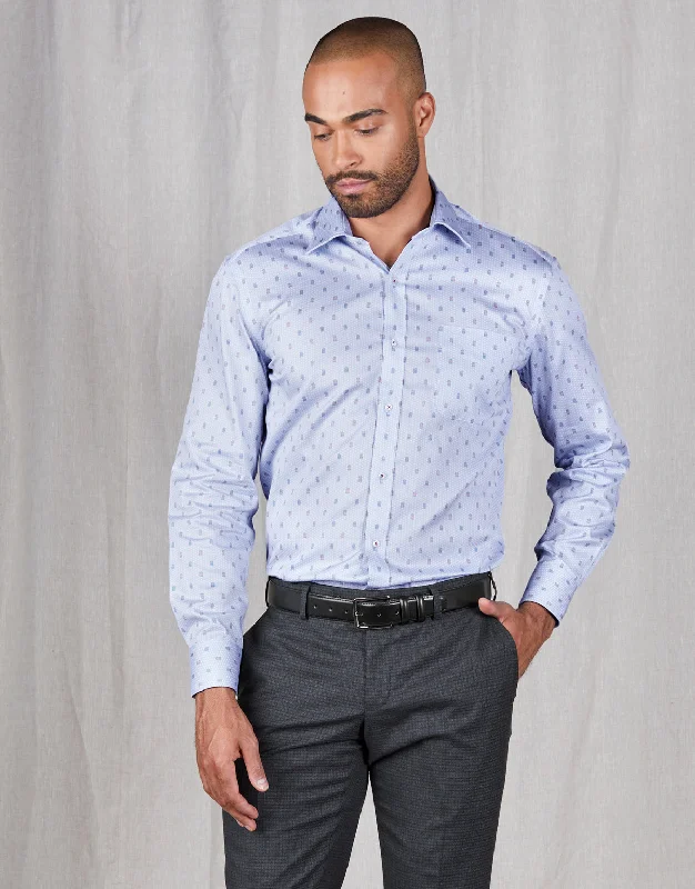Plus Size Men's Striped Chambray Casual Shirts with a Spread Collar for a Preppy AppearanceSinatra Light Blue & Red Geo Print Shirt Plus Size Men's Striped Chambray Casual Shirts with a Spread Collar for a Preppy AppearanceSinatra Light Blue & Red Geo Print Shirt