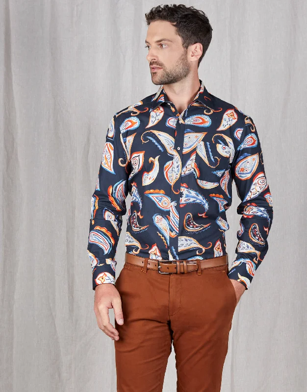Men's Sustainable Recycled Material Casual Shirts for Eco - Conscious ConsumersSinatra Navy & Orange Paisley Shirt Men's Sustainable Recycled Material Casual Shirts for Eco - Conscious ConsumersSinatra Navy & Orange Paisley Shirt