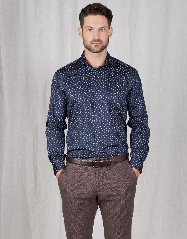 Men's Slim - Fit Printed Floral Casual Shirts in Pastel Colors for a Spring - Inspired VibeSinatra Navy & Yellow Autumn Leaves Print Shirt Men's Slim - Fit Printed Floral Casual Shirts in Pastel Colors for a Spring - Inspired VibeSinatra Navy & Yellow Autumn Leaves Print Shirt