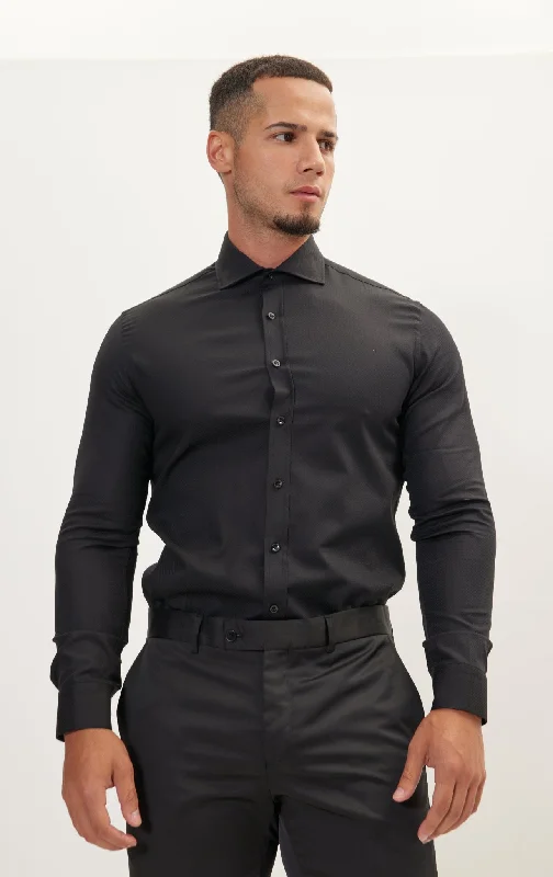 Plus Size Men's Patterned Dress Shirts in Subtle Checks for a Smart - Casual Office EnsemblePure Cotton Front Placket Spread Collar Dress Shirt - Black Plus Size Men's Patterned Dress Shirts in Subtle Checks for a Smart - Casual Office EnsemblePure Cotton Front Placket Spread Collar Dress Shirt - Black
