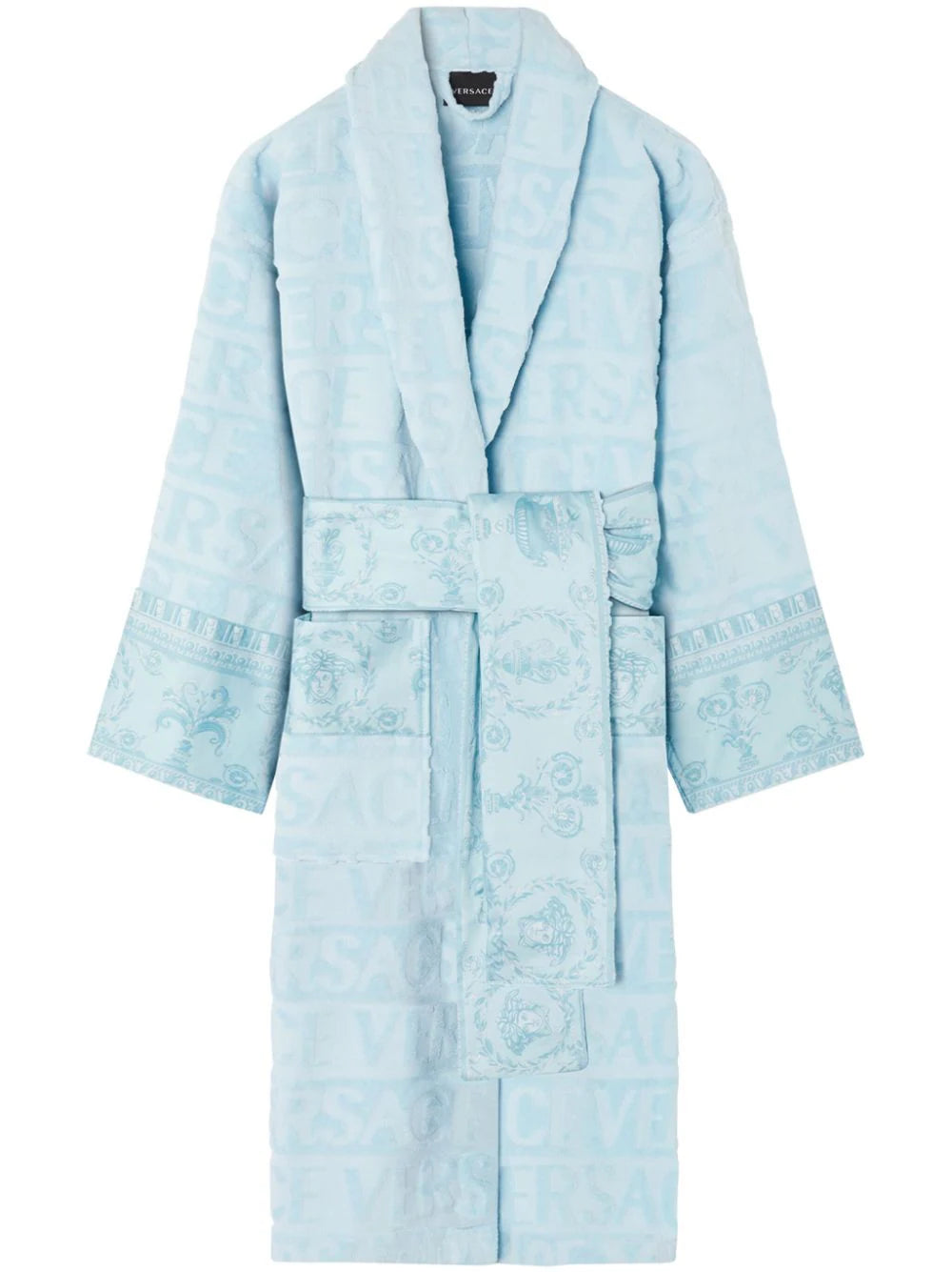 Men's robes with a concealed zipper​Versace Light Blue I ♡ Baroque Trim Bathrobe