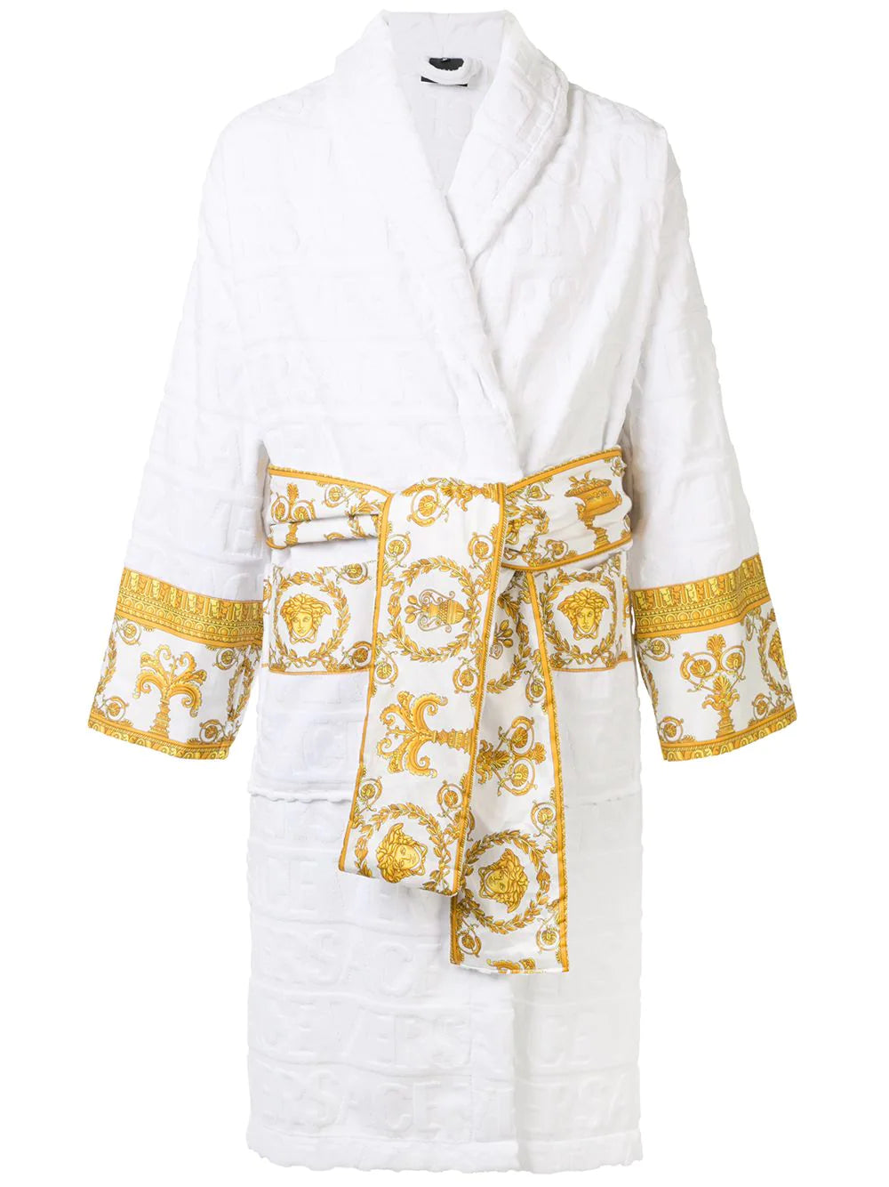 Men's robes with a mock - neck design​Versace White I ♡ Baroque Trim Bathrobe