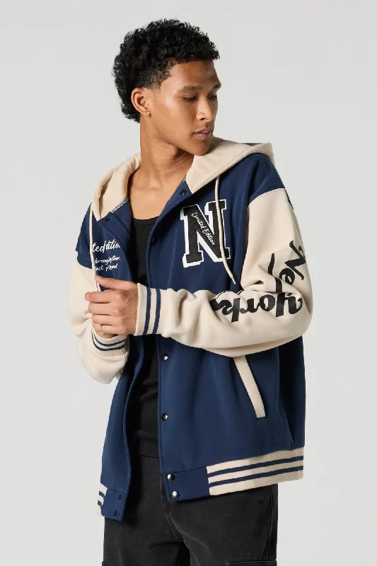 Bomber men jackets with ribbed cuffs for a classic 80s styleEmbroidered Varsity Fleece Jacket Bomber men jackets with ribbed cuffs for a classic 80s styleEmbroidered Varsity Fleece Jacket