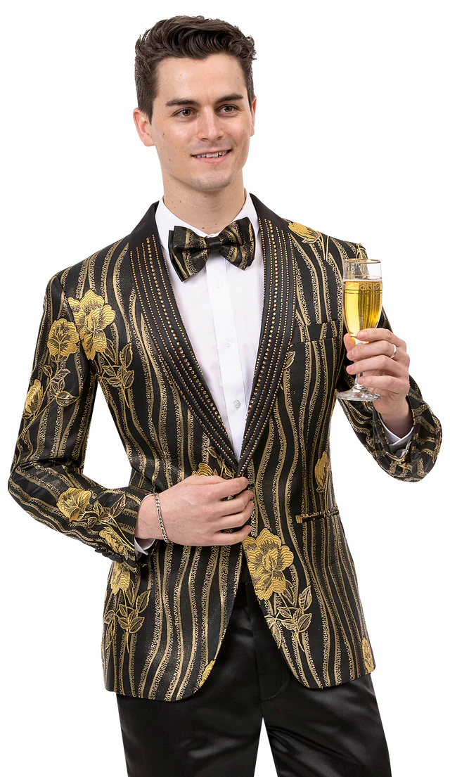 Men's Metallic - Trimmed Blazer in Silver for a Glamorous and Eye - Catching Party AttireBlack & Gold Floral Print Fashion Blazer J154 Men's Metallic - Trimmed Blazer in Silver for a Glamorous and Eye - Catching Party AttireBlack & Gold Floral Print Fashion Blazer J154