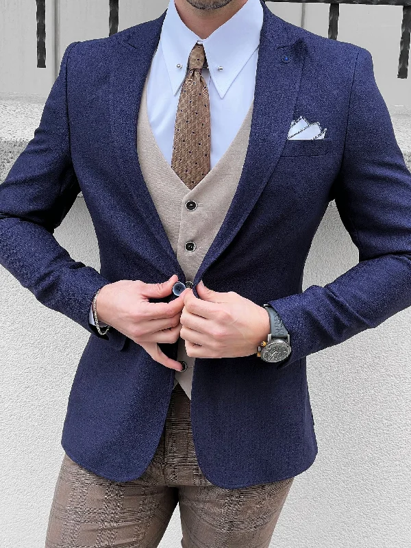 Men's Lightweight Linen - Blend Blazer in Beige for a Casual and Comfortable Summer EnsembleEros Navy Blue Slim Fit Peak Lapel Wool Blazer Men's Lightweight Linen - Blend Blazer in Beige for a Casual and Comfortable Summer EnsembleEros Navy Blue Slim Fit Peak Lapel Wool Blazer