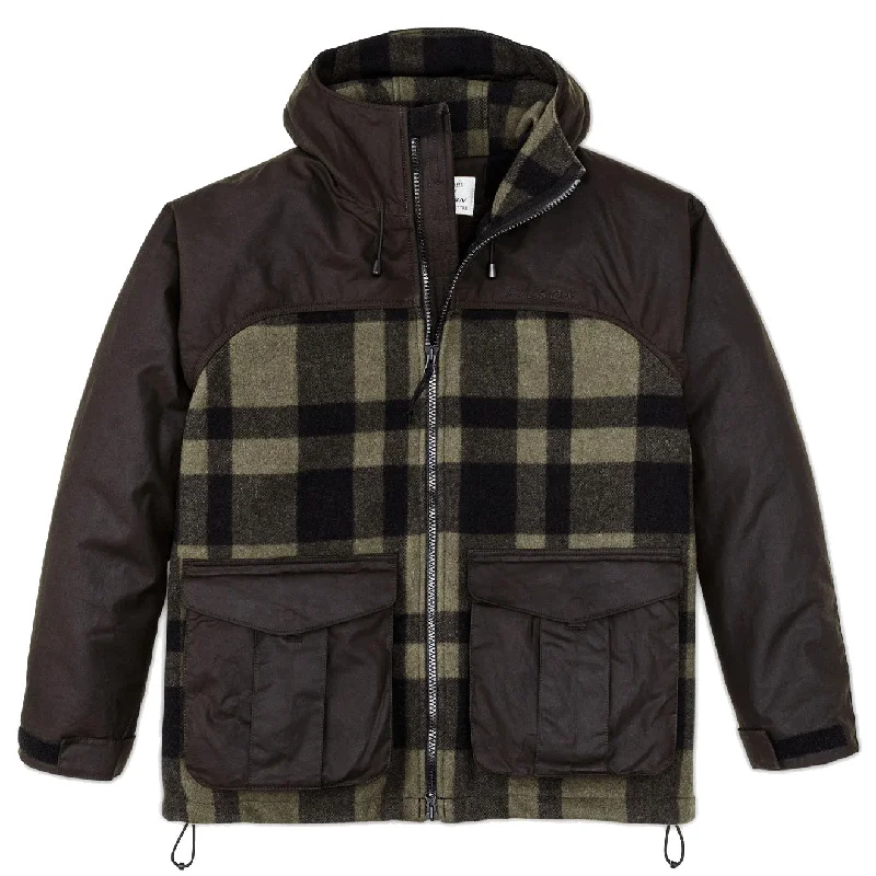Hooded men jackets with a detachable faux - fur trim for added warmthFilson Mackinaw Hunting Jacket Otter Green / Black Plaid Hooded men jackets with a detachable faux - fur trim for added warmthFilson Mackinaw Hunting Jacket Otter Green / Black Plaid