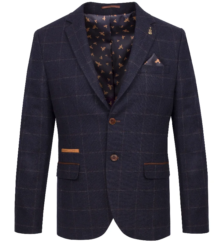 Men's Linen - Cotton Blend Blazer in Tan with Roll - Up Sleeves for a Laid - Back Summer LookFratelli Uniti Windowpane Check Navy Blazer Men's Linen - Cotton Blend Blazer in Tan with Roll - Up Sleeves for a Laid - Back Summer LookFratelli Uniti Windowpane Check Navy Blazer