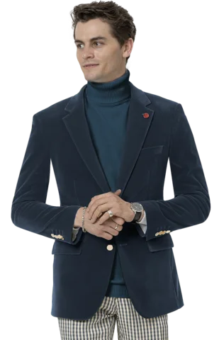 Men's Pin - Striped Wool - Blend Blazer in Navy and White for a Traditional Business AttireFrench Blue Solid Velvet Blazer J134 Men's Pin - Striped Wool - Blend Blazer in Navy and White for a Traditional Business AttireFrench Blue Solid Velvet Blazer J134
